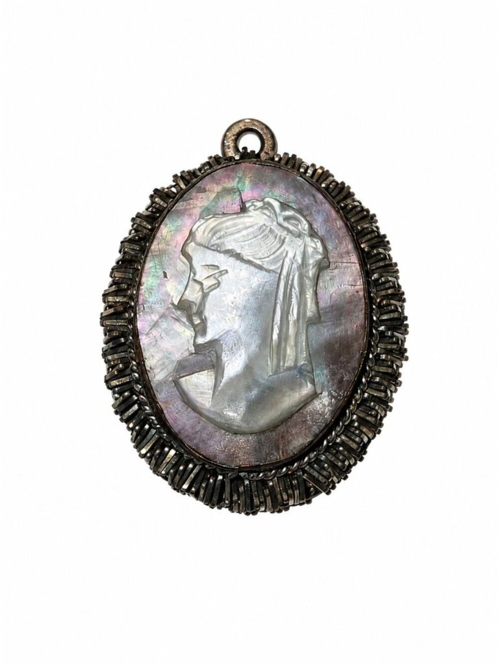 Antique 1920s 800 Silver & Mother Of Pearl Cameo Pendant Oval Frame